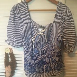Blue & White Lace Up Peasant Blouse Top Size 18